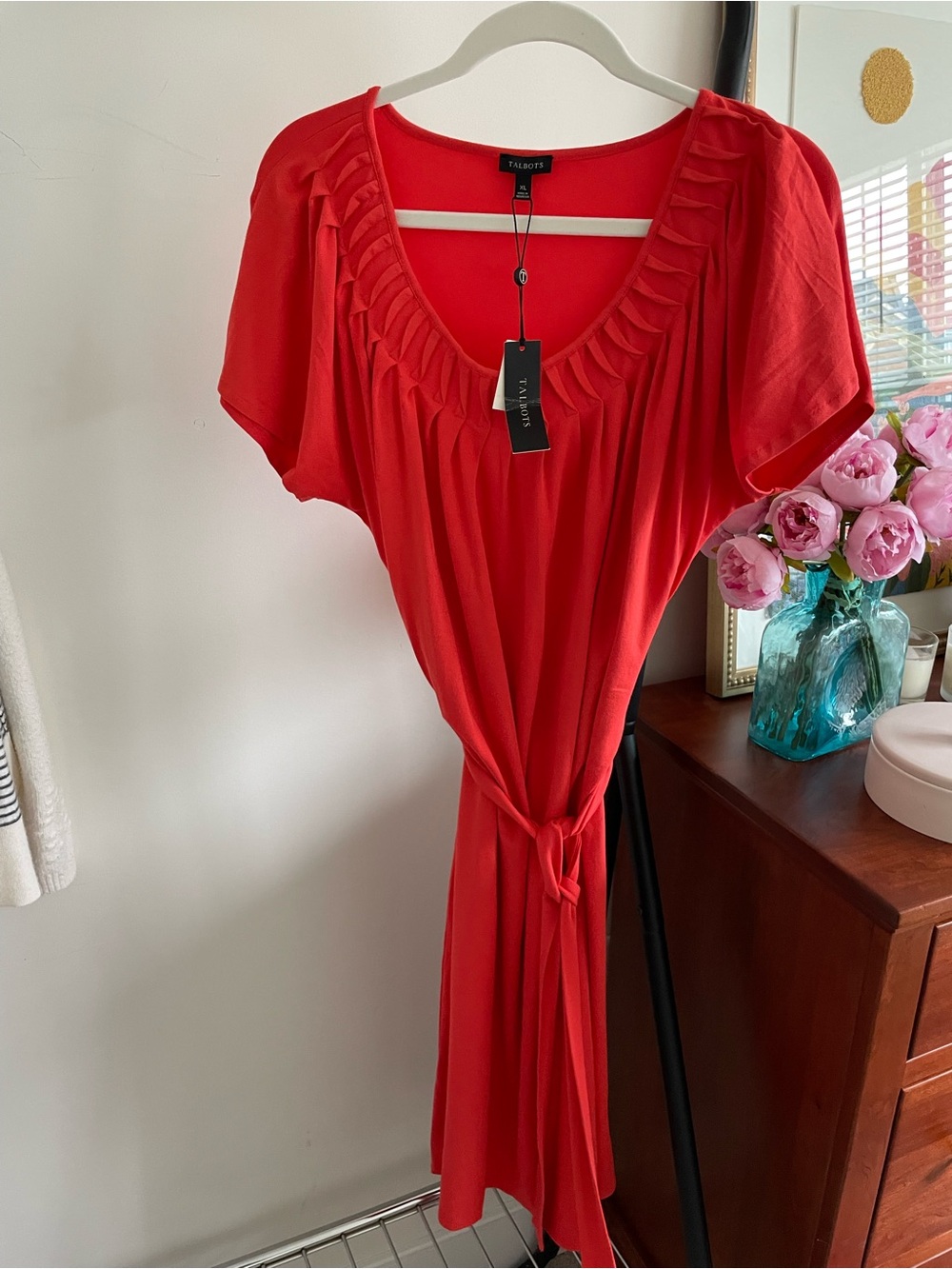 Talbots Persimmon colored Scoop Neck Dress with Waist Tie.